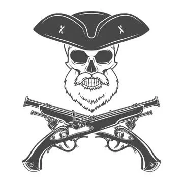 Captain skull with beard in cocked hat vector. Edward Teach logo template. death Stock Illustration