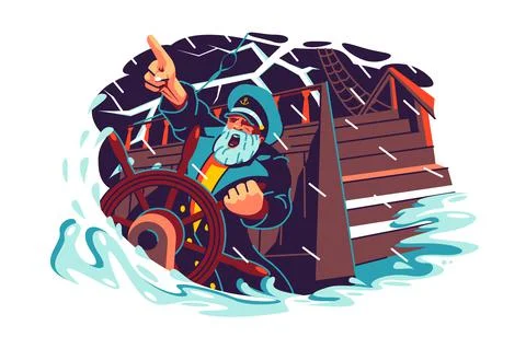 Captain standing at helm of boat Stock Illustration