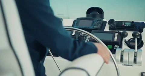 Captain Steering Boat in Modern Control Room 스톡 동영상 323793025