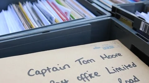 Captain Tom Moore is sent 120,000 cards from around the world ahead of 100th Stock Footage 148559703