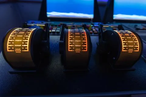 Captains bridge control panel with engine order telegraphs Stock Photos