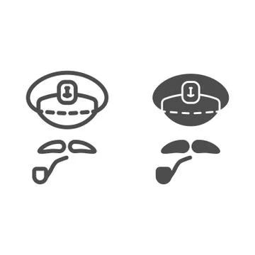 Captains cap, mustache and pipe line and solid icon, nautical concept, abstract Stockillustratie