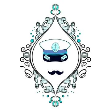 Captains hat. Captains mustache. Vector illustration framed. Blue color. Stock Illustration