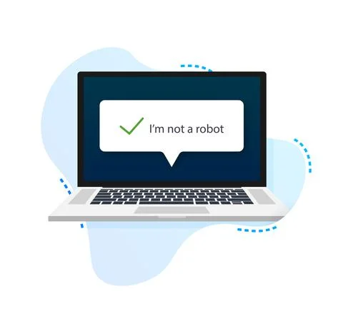 Captcha, I am not a robot on laptop screen. Vector stock Illustration. 스톡 일러스트
