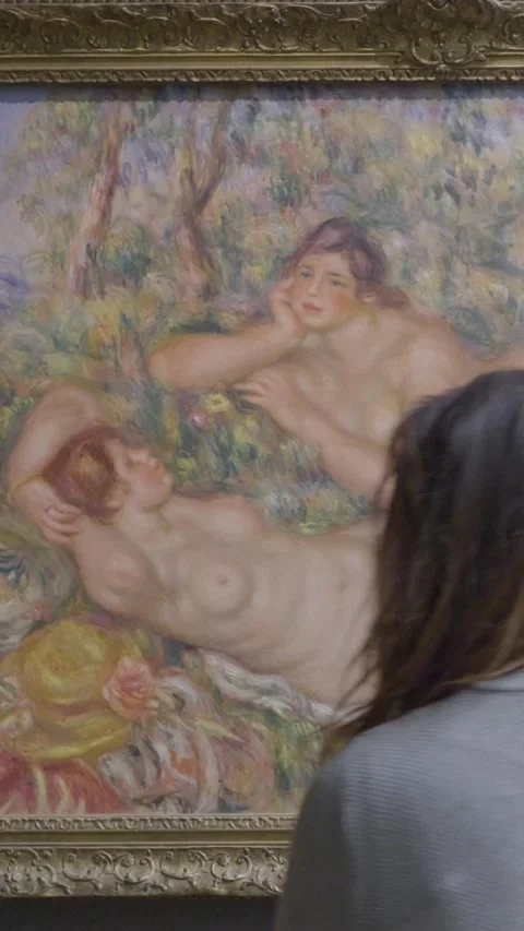 Captivated by Masterpiece in Paris Museum - Serene Moment of Reflection Stock Footage 320152356
