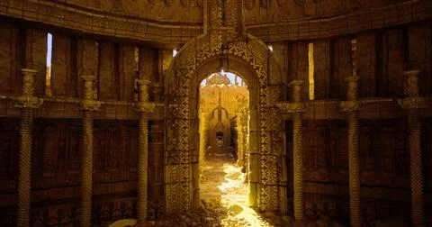 Captivating ancient architecture illuminated by warm sunlight in expansive ha Stock Illustration