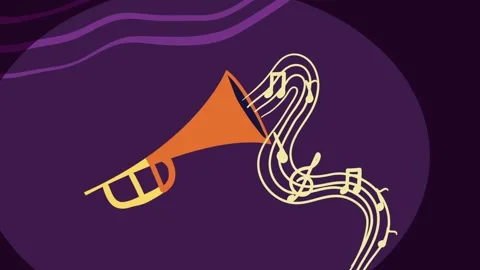 A captivating animation featuring a trumpet playing vibrant music on a dark.. Vídeos de archivo 333606357