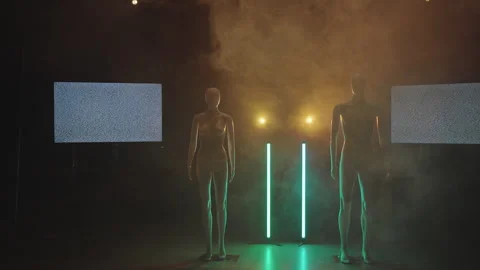 Captivating art display with unique mannequins under creative lighting Stock Footage 320052679