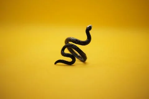 A captivating black snake shaped ring set against a bright yellow background Stock Photos