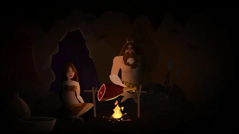 A captivating cave scene featuring a mesmerizing fire and various primitive Stock Footage 281550008