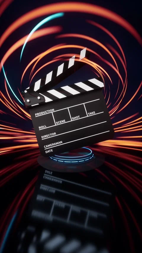 A captivating cinematic clapperboard spinning on a reflective surface with .. Stock-Footage 327114393