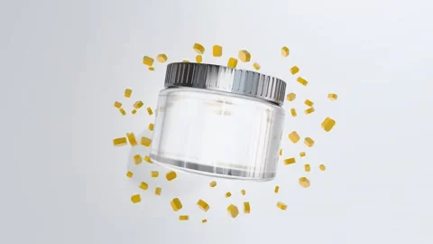 Captivating close-up of a clear glass jar mockup filled with small golden Video stock 318611014