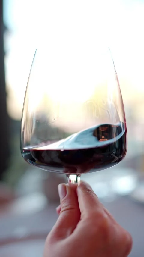 A captivating close up shot shows a hand gently swirling rich red wine in a.. Stock Footage 339462653