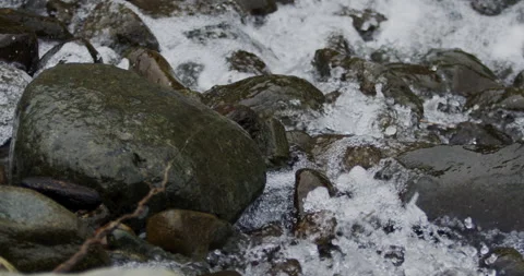 Captivating Close-Up: Slow-Motion Flow of River Current Through Stunning Rocks Stock Footage 240947823