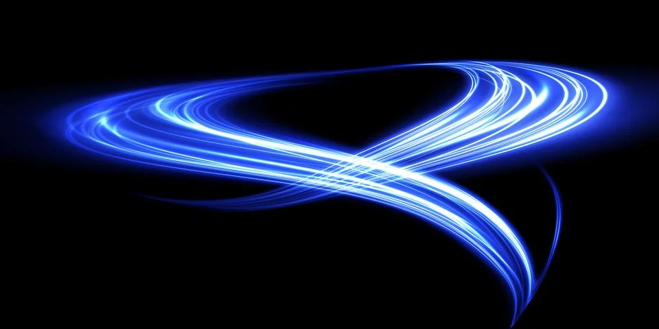 The captivating display of Dynamic Blue Light Trails set against a rich black Stock Illustration