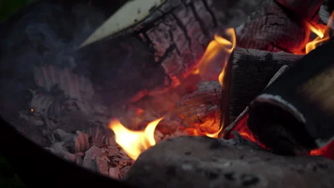 Captivating flames flicker and dance in a cozy fire pit on a evening gathering Stock Footage 317959197