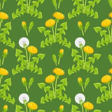 A captivating pattern featuring vibrant dandelions set against a lush green Stock Illustration
