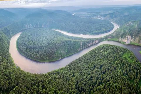 Captivating river bending through lush green forest landscapes at dawn in a Foto stock