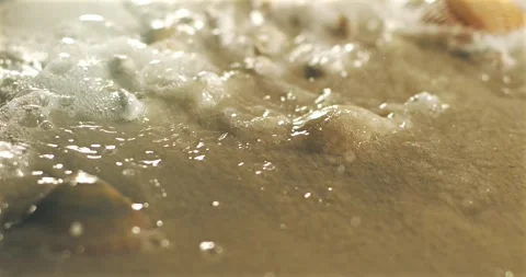 Captivating Slow Motion of Ocean Waves Washing Over Seashells on the Shore Stock Footage 336823673