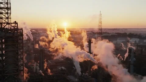 Captivating Sunset Over Oil Extraction Facility and energy plant Stock Footage 325959088
