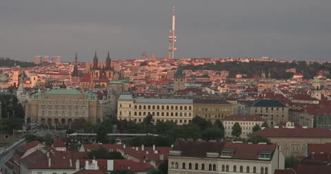 Captivating sunset over Prague skyline illuminating iconic landmarks and Video stock 283795618