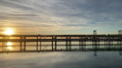 Captivating sunset scenery unfolds at The Rio Tinto Pier, Andalusia, Spain Stock Footage 281060133