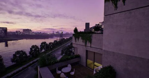 Captivating sunset view over a river from a modern balcony in an urban settin Ilustración de archivo