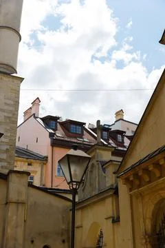 A Captivating View of Architectural Harmony, Featuring Vintage Street Lighting Stock Photos