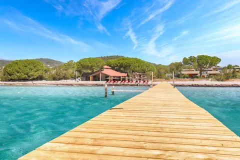 Captivating view of  beach of Santa Giulia resort. Stock Photos