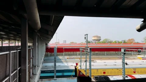 A Captivating View of Industrial Structure and Rolling Stock at a Railway Yard,  Video stock 335202938