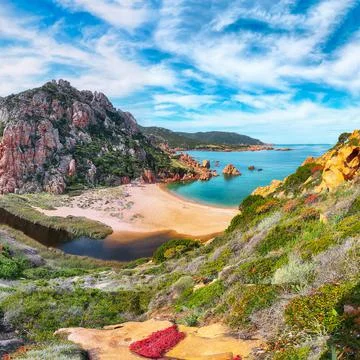 Captivating view of Li Cossi beach on Costa Paradiso resort. Stock Photos