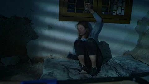 Captive Woman Calling 911 while Being Kept in Abandoned Basement Stock Footage 293693569