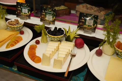 Captured close-up of an artfully arranged Iftar buffet with various assortments. Stock Photos