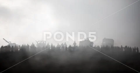 Captured by enemy concept. Military silhouettes and crowd on war fog sky back Stock Photos