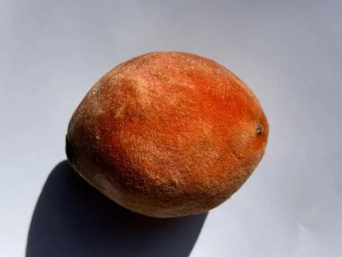 Captured in this image is a close up view of a ripe peach, its surface covere Foto stock