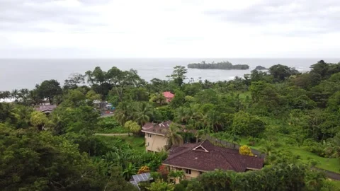 Captures an overcast coastal scene with ocean  islands  and verdant trees Stock Footage 345413096