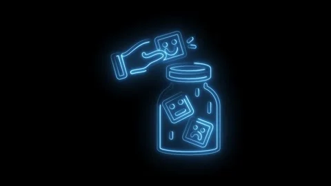 Capturing emotions neon animation hand placing emotion card in jar on black Stock Footage 330775238