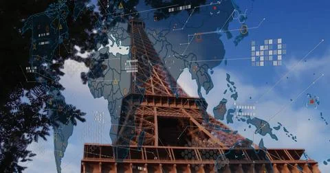 Capturing iron Eiffel Tower rising into Paris sky, with world map overlay and Stock Photos