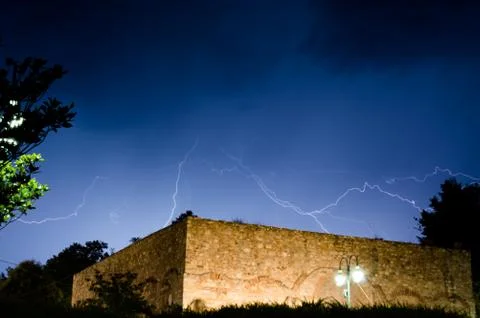 Capturing the lightning strikes at night in Greece Stock Photos