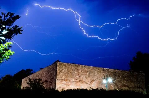 Capturing the lightning strikes at night in Greece Stock Photos