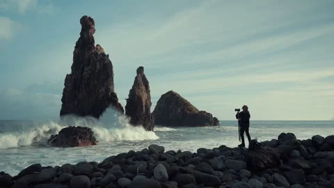 Capturing stunning rock formations at Ilheus Da Ribeira Madeira coastline Stock Footage 321464561