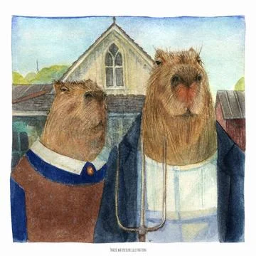 Capybara American Gothic Stock Illustration