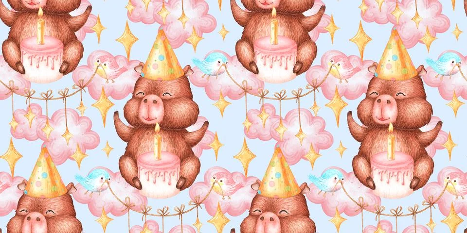 Capybara birthday cake clouds pattern Stock Illustration