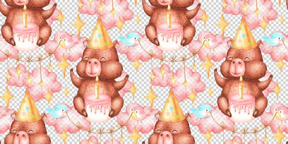 Capybara birthday cake seamless pattern watercolor Illustrazione stock