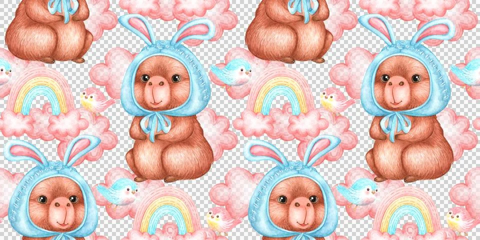 Capybara bunny hat rainbow cloud pattern watercolor 库存插图