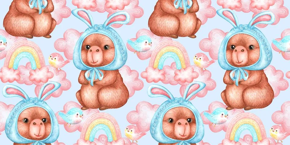 Capybara bunny hat rainbow dense clouds pattern イラスト素材
