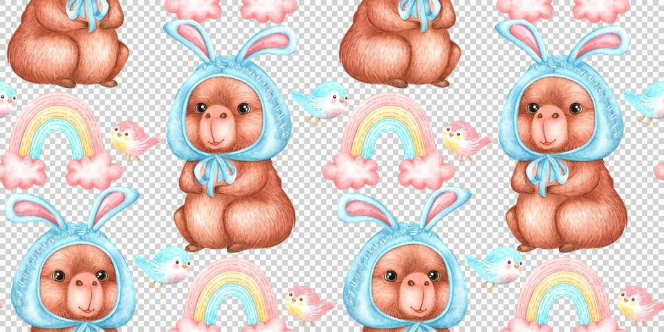 Capybara bunny hat rainbow pattern watercolor Illustrazione stock