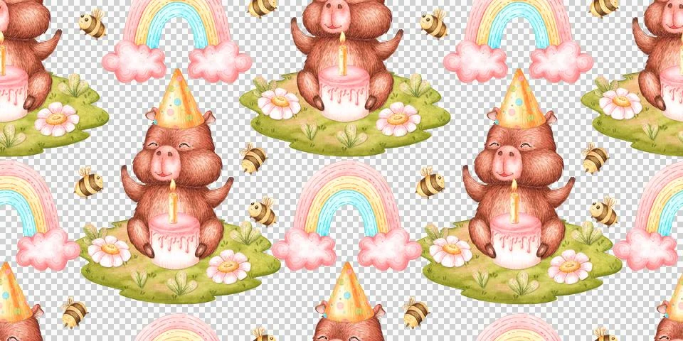Capybara cake meadow rainbow pattern watercolor Stockillustratie