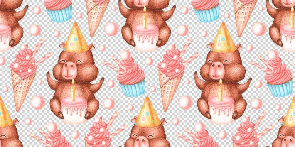 Capybara cake sweets birthday pattern Stock Illustration