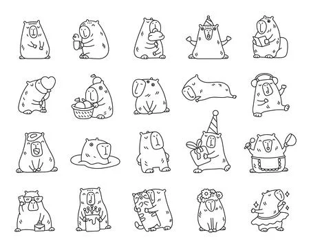 Capybara character set in outline line Stock Illustration